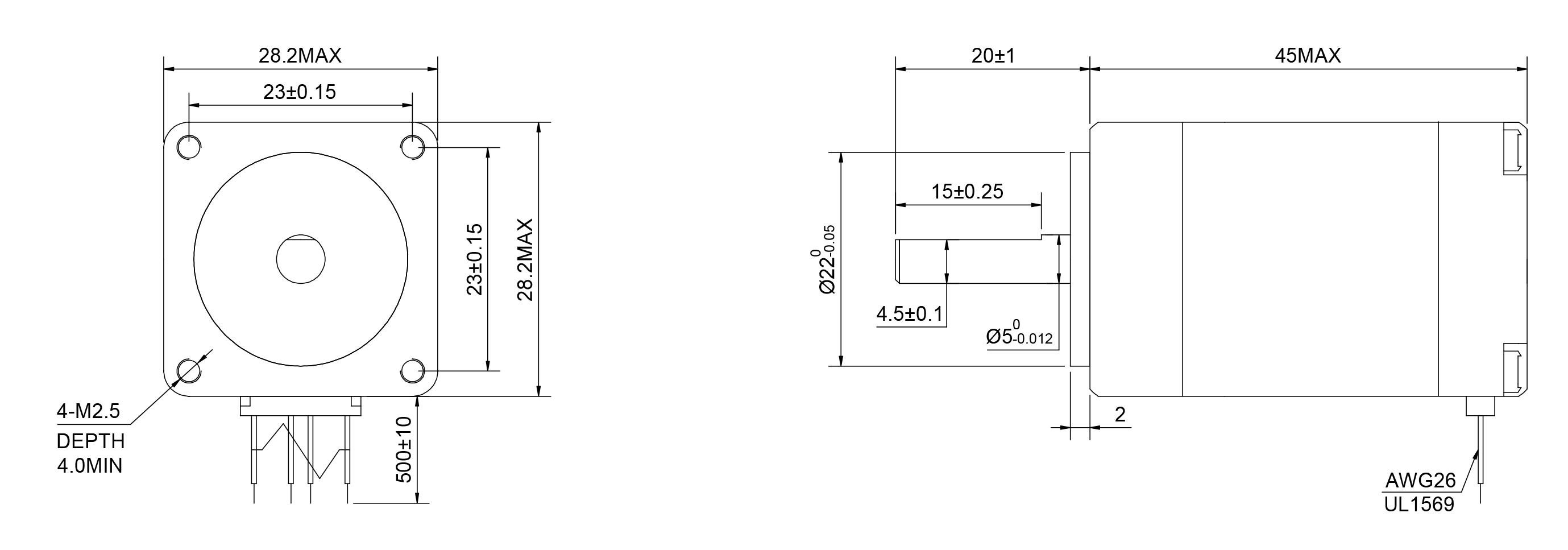 11 Single Shaft Bipolar Stepper Motor,1.8°Step,9.5N·cm Torque,0.67A Current,44.5mm Body,4_Wire