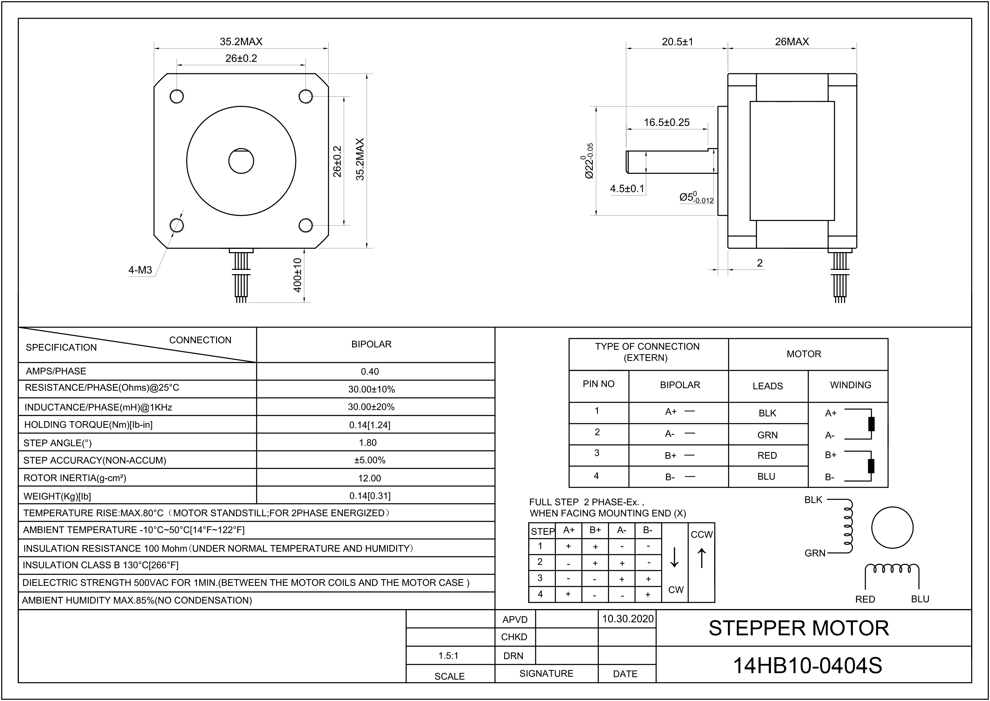 14 Single Shaft Bipolar Stepper Motor,1.8°Step,14N·cm Torque,0.4A Current,26mm Body,4_Wire
