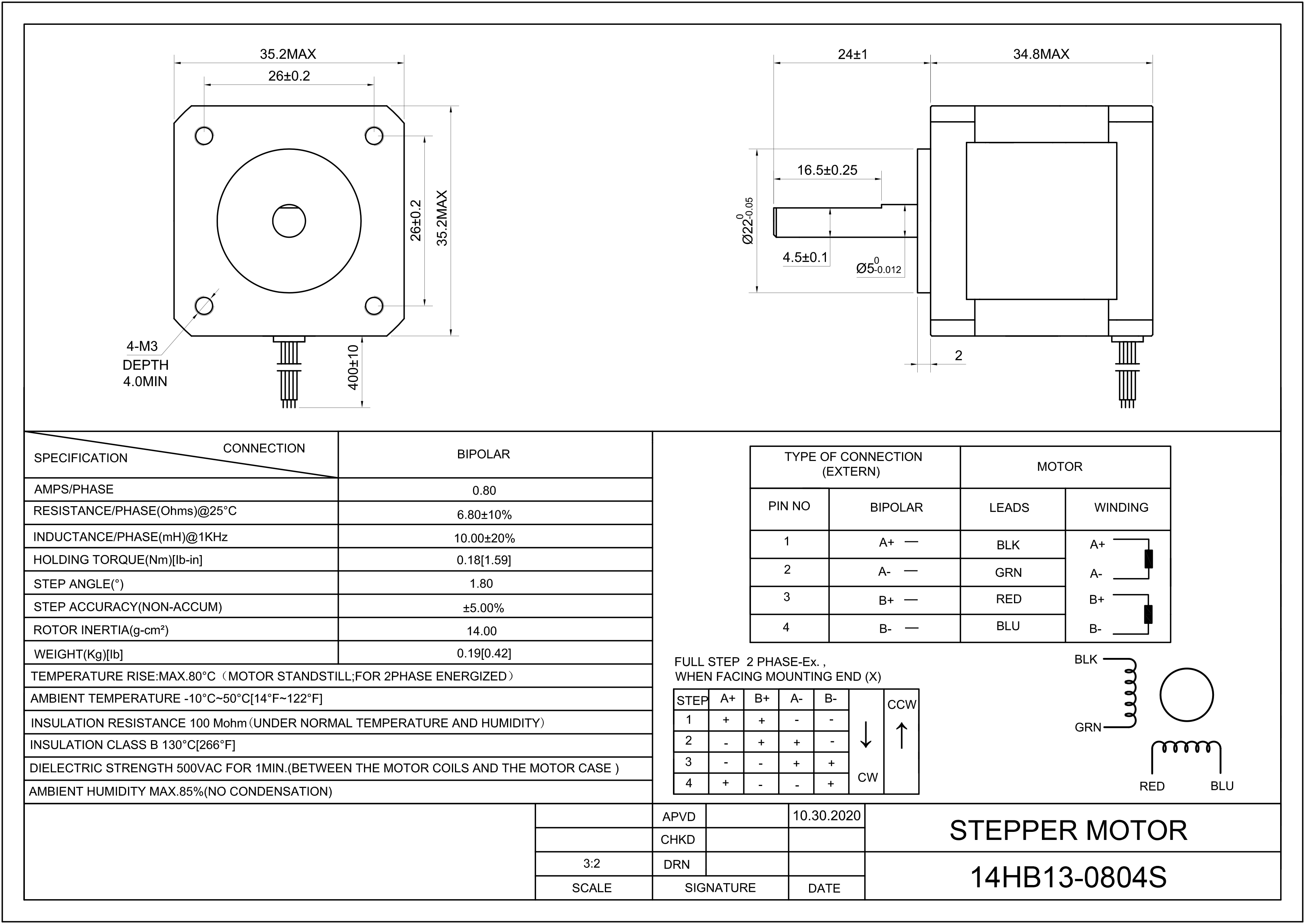 14 Single Shaft Bipolar Stepper Motor,1.8°Step,18N·cm Torque,0.8A Current,34mm Body,4_Wire