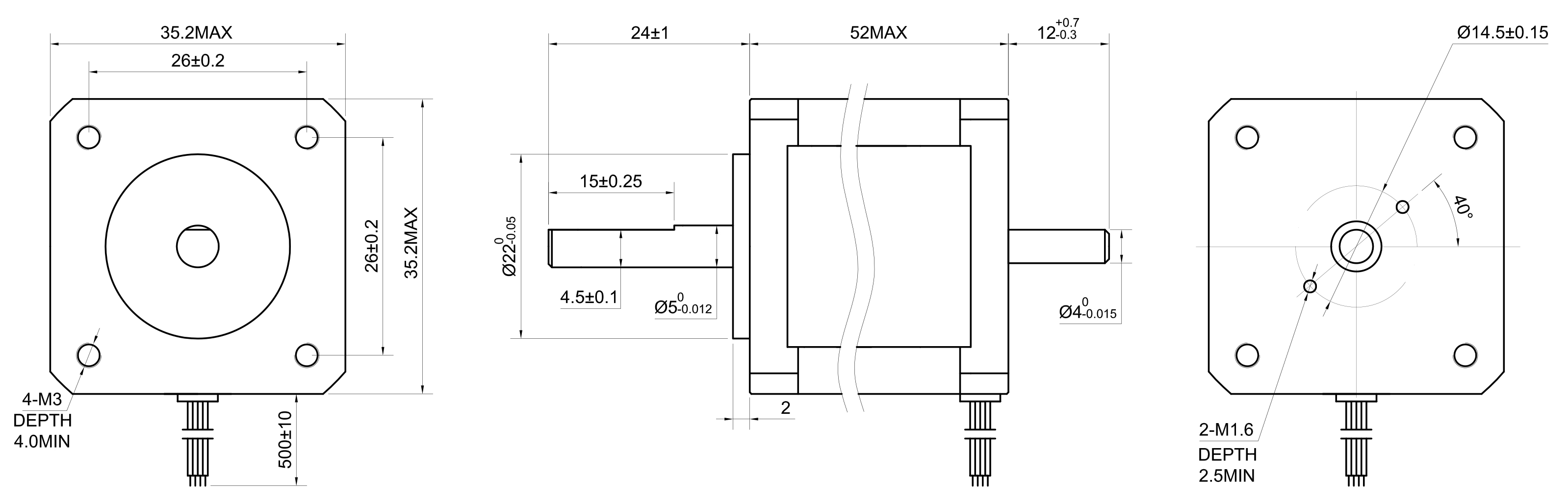 14 Dual Shaft Bipolar Stepper Motor,1.8°Step,40N·cm Torque,1.5A Current,52mm Body,4_Wire