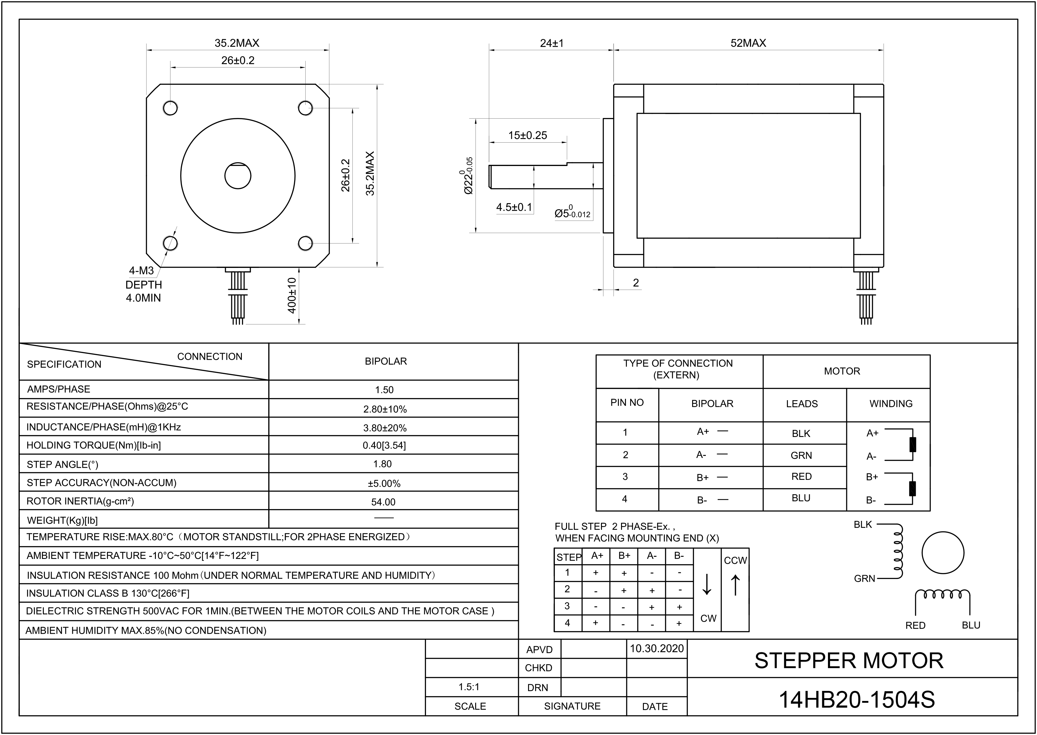 14 Single Shaft Bipolar Stepper Motor,1.8°Step,30N·cm Torque,0.8A Current,45mm Body,4_Wire