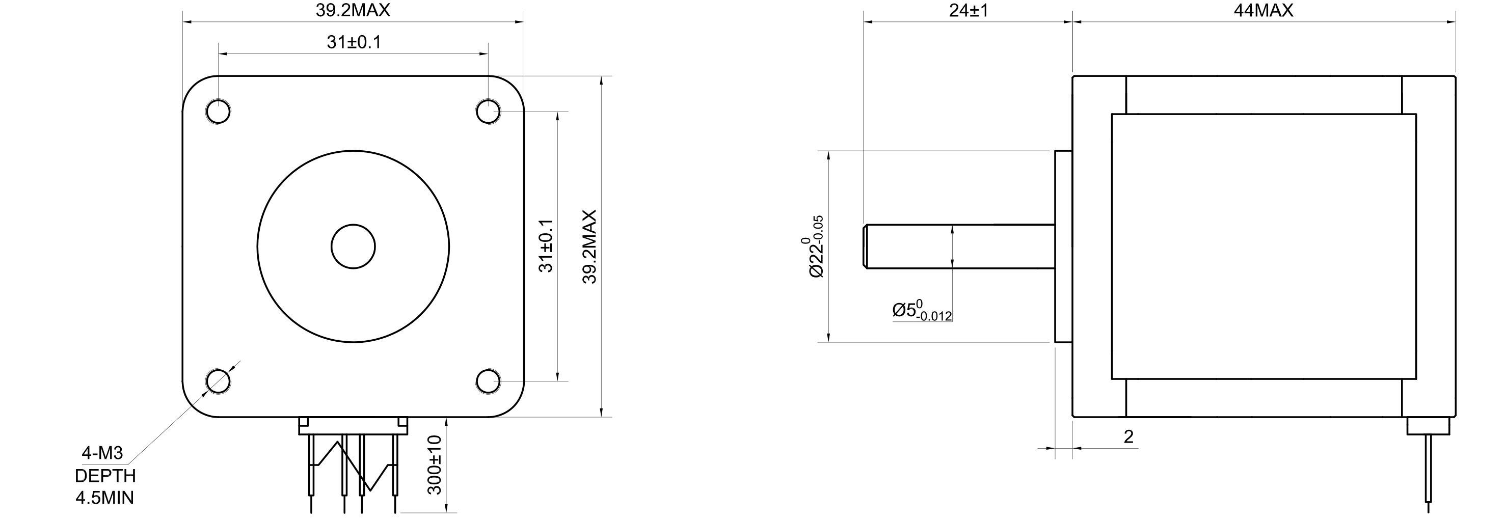 16 Single Shaft Bipolar Stepper Motor,0.9°Step,25N·cm Torque,0.3A Current,44mm Body,4_Wire