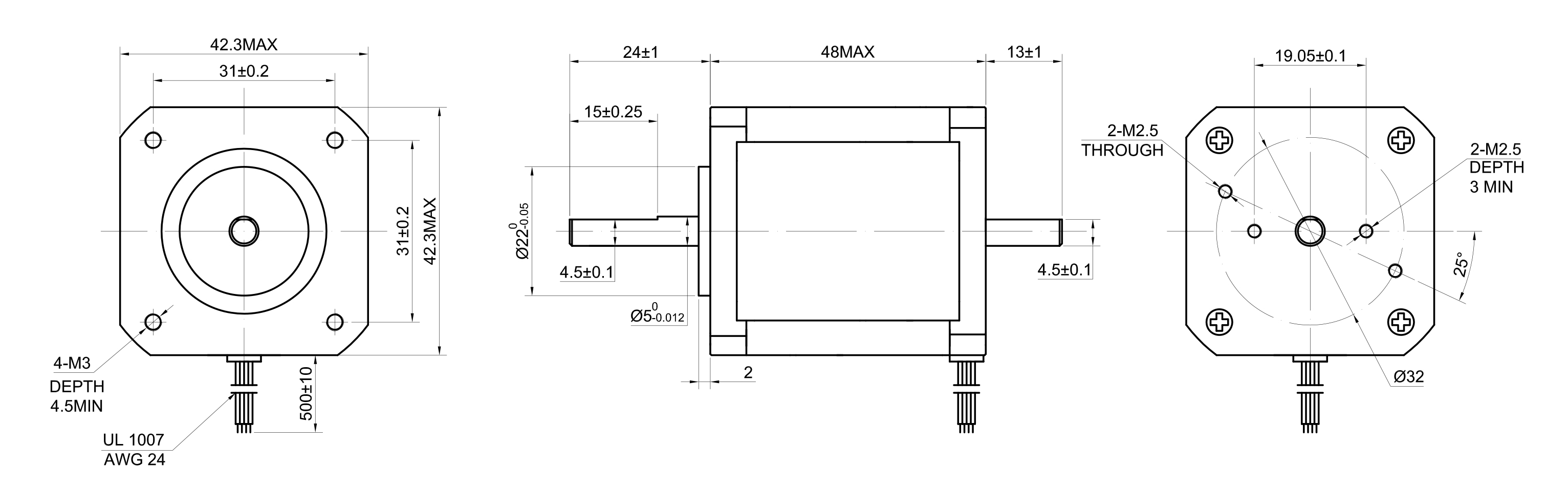 17 Dual Shaft Bipolar Stepper Motor,0.9°Step,42N·cm Torque,1.68A Current,48mm Body,4_Wire