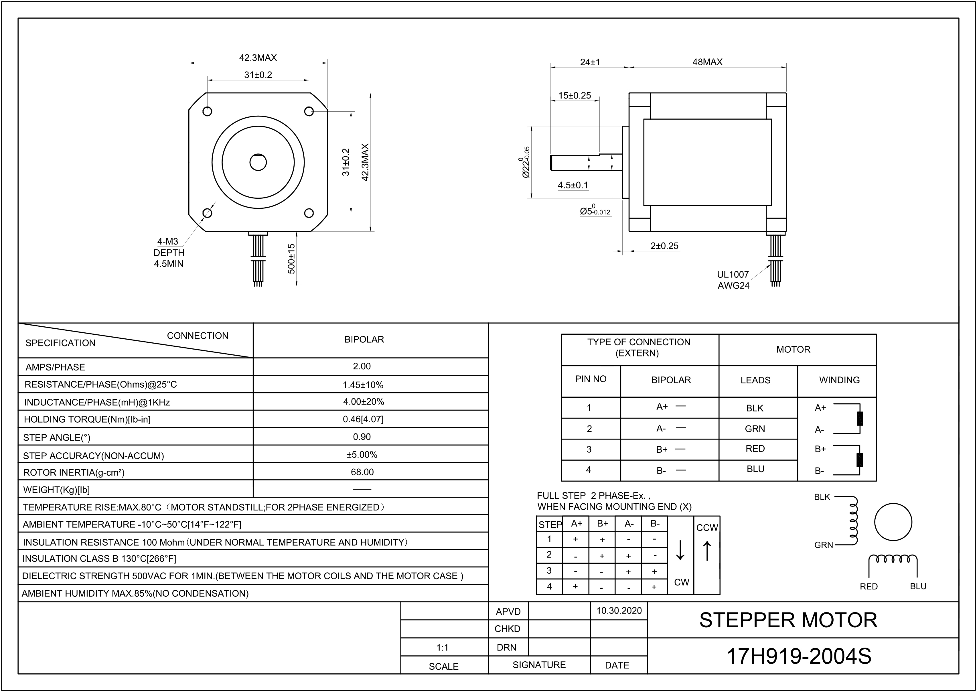 17 Single Shaft Bipolar Stepper Motor,0.9°Step,42N・cm Torque,1.68A Current,48mm Body,4_Wire