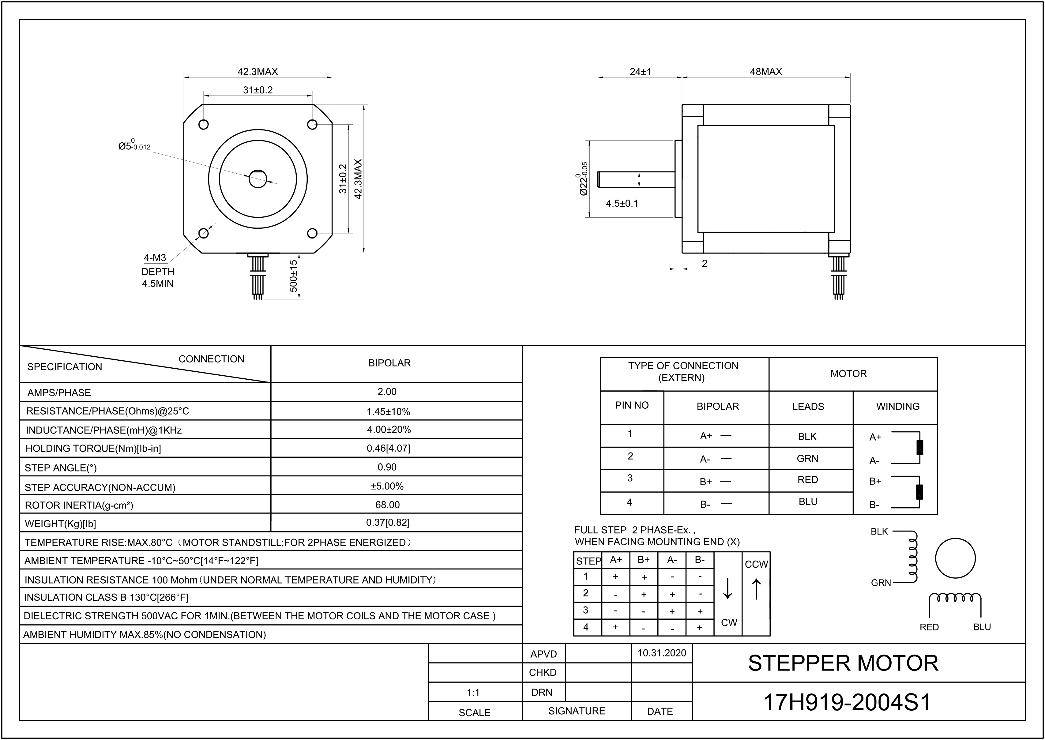 17 Single Shaft Bipolar Stepper Motor,0.9°Step,42N·cm Torque,1.68A Current,48mm Body,4_Wire