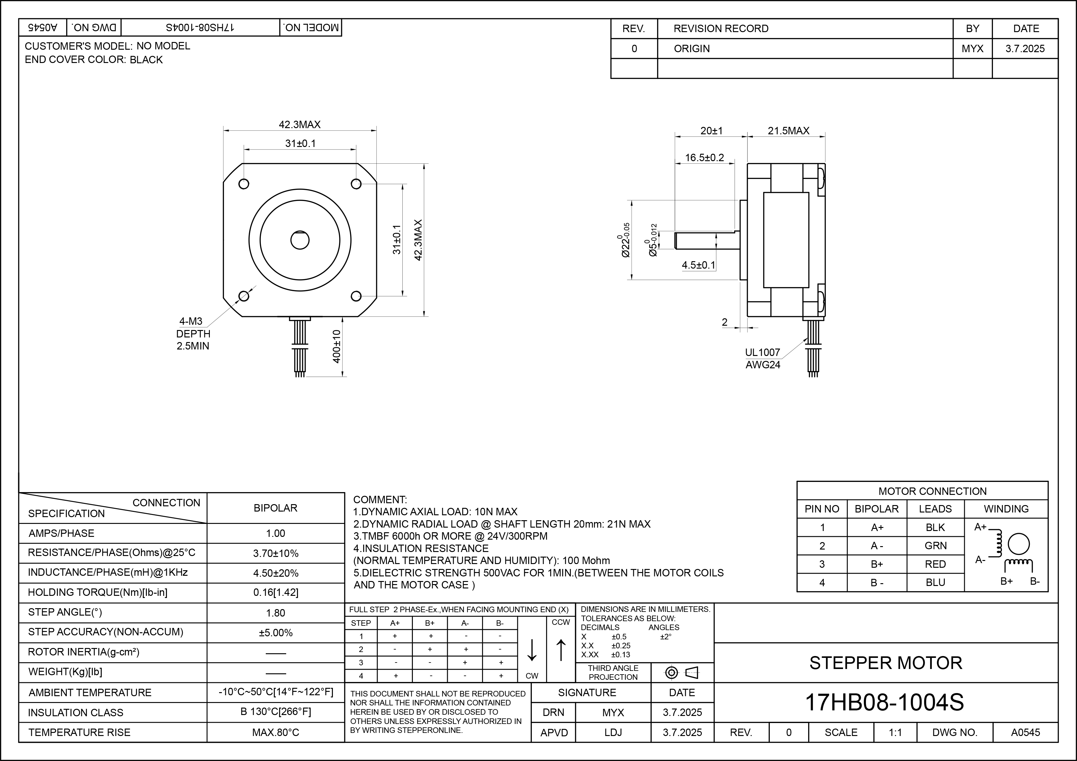 17 Single Shaft Bipolar Stepper Motor,1.8°Step,10N·cm Torque,1.5A Current,24mm Body,4_Wire