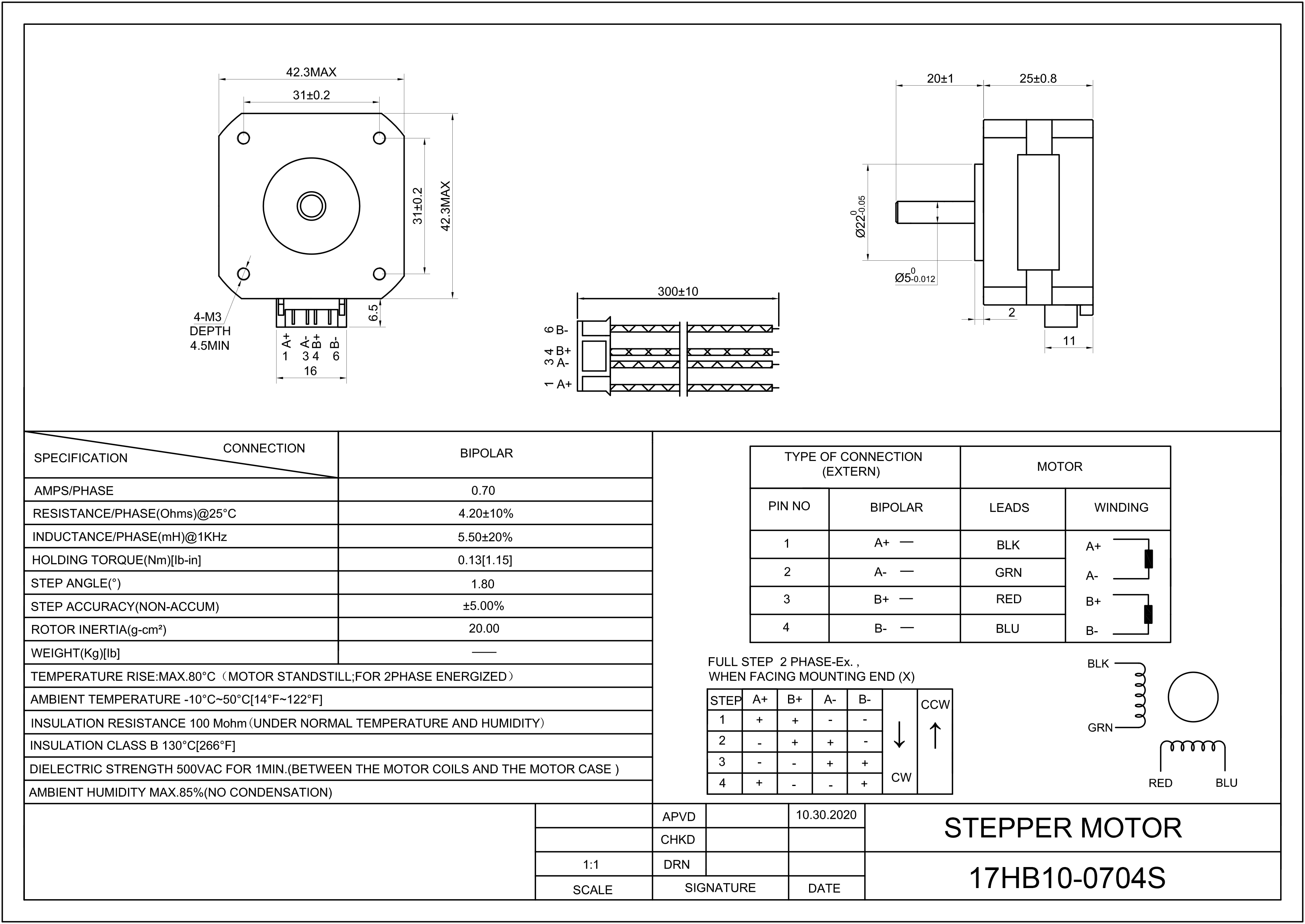 17 Single Shaft Bipolar Stepper Motor,1.8°Step,10N·cm Torque,1.5A Current,24mm Body,4_Wire