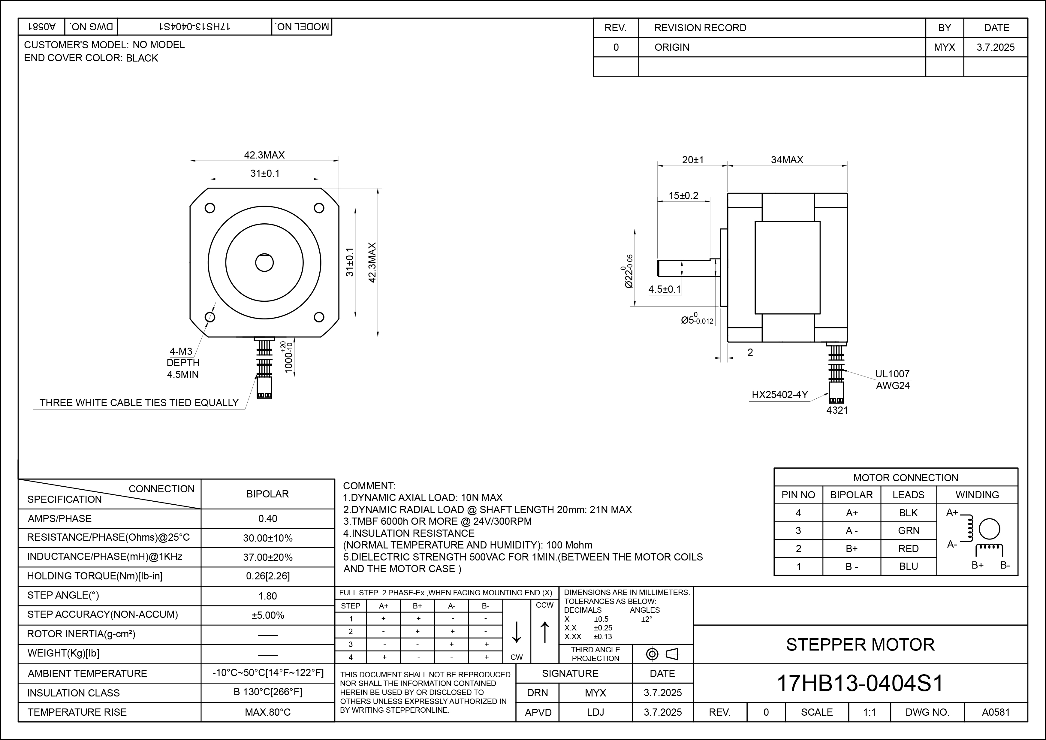 17 Single Shaft Bipolar Stepper Motor,1.8°Step,32N·cm Torque,0.4A Current,34mm Body,4_Wire