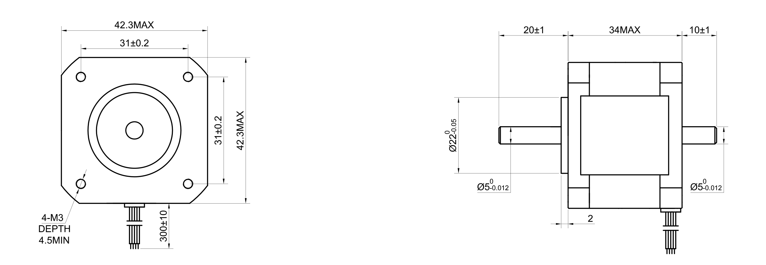 17 Dual Shaft Bipolar Stepper Motor,1.8°Step,22N·cm Torque,1.33A Current,33mm Body,4_Wire