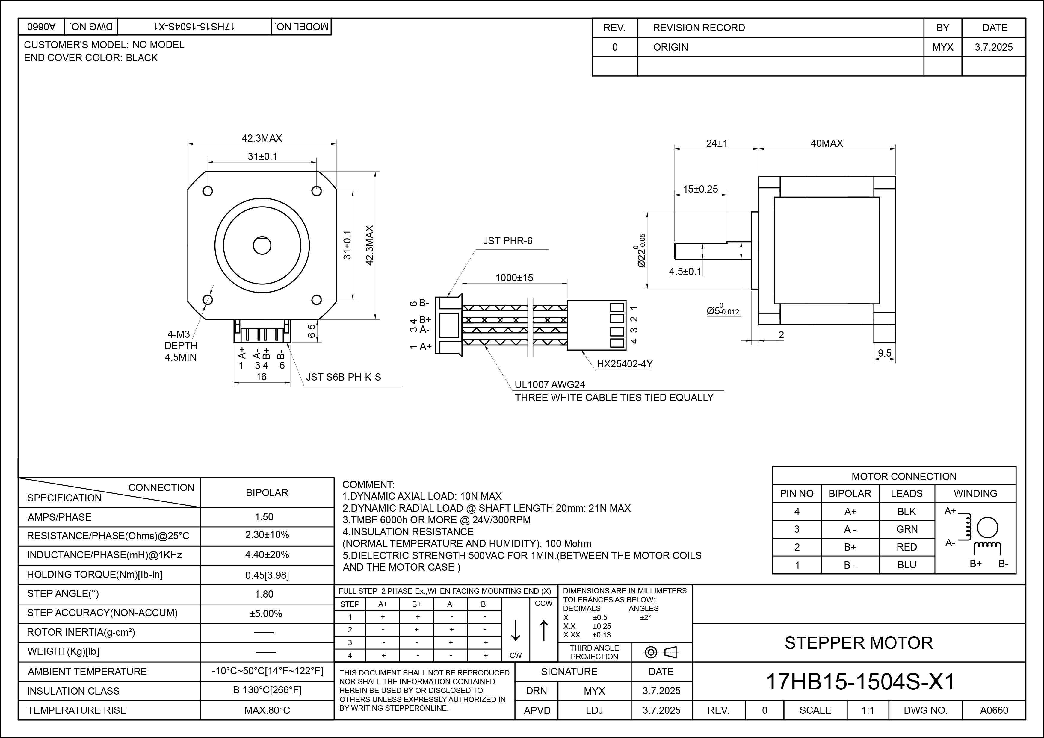 17 Single Shaft Bipolar Stepper Motor,1.8°Step,40N·cm Torque,1.5A Current,40mm Body,4_Wire