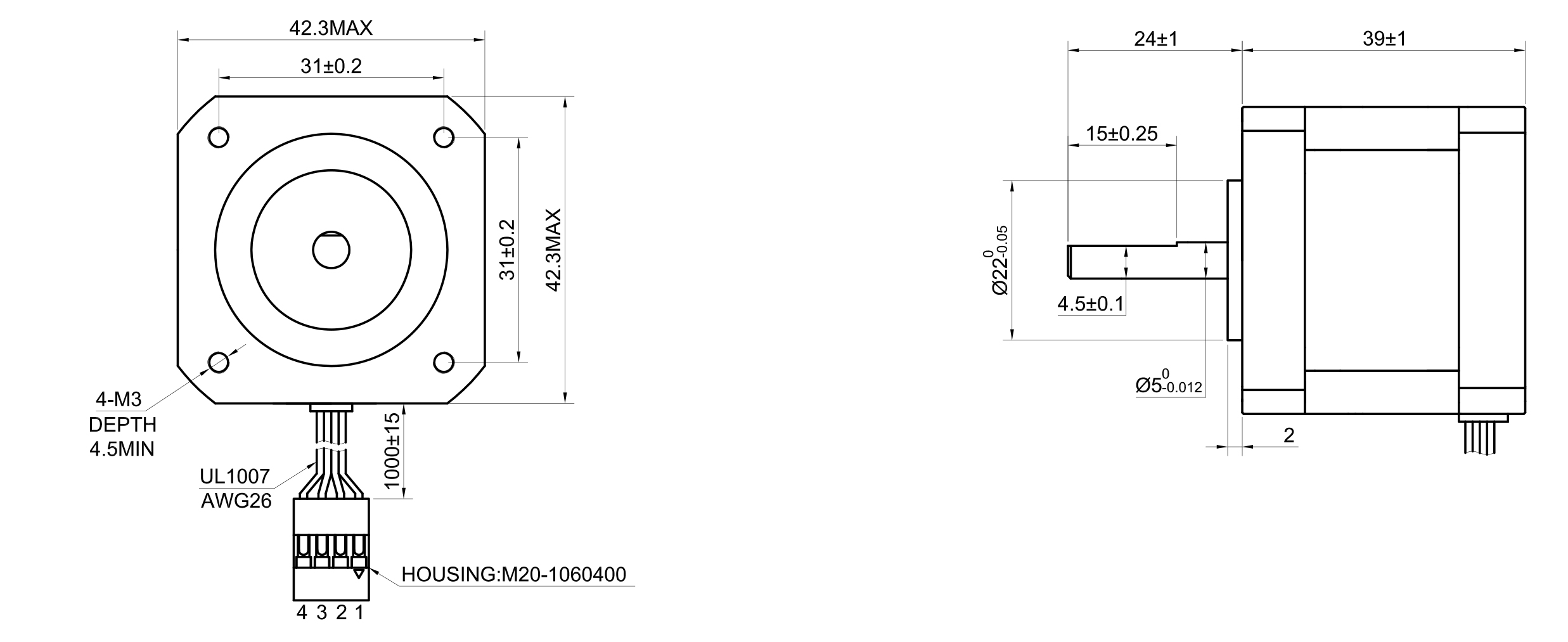 17 Single Shaft Bipolar Stepper Motor,1.8°Step,45N·cm Torque,1.5A Current,39mm Body,4_Wire