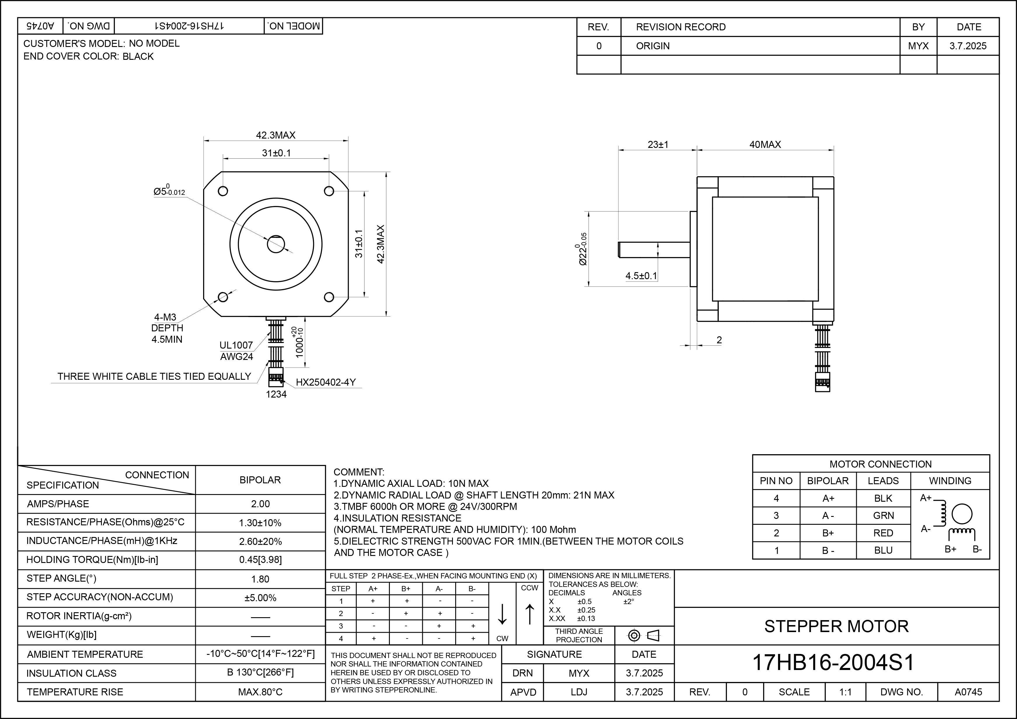 17 Single Shaft Bipolar Stepper Motor,1.8°Step,40N·cm Torque,2A Current,40mm Body,4_Wire