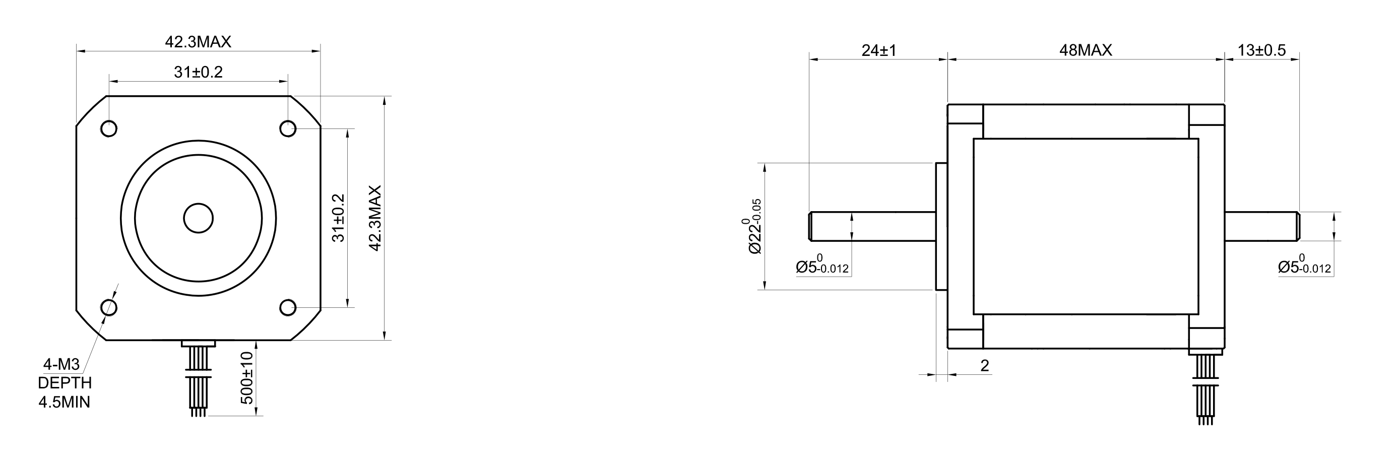 17 Dual Shaft Bipolar Stepper Motor,1.8°Step,44N・cm Torque,1.68A Current,48mm Body,4_Wire