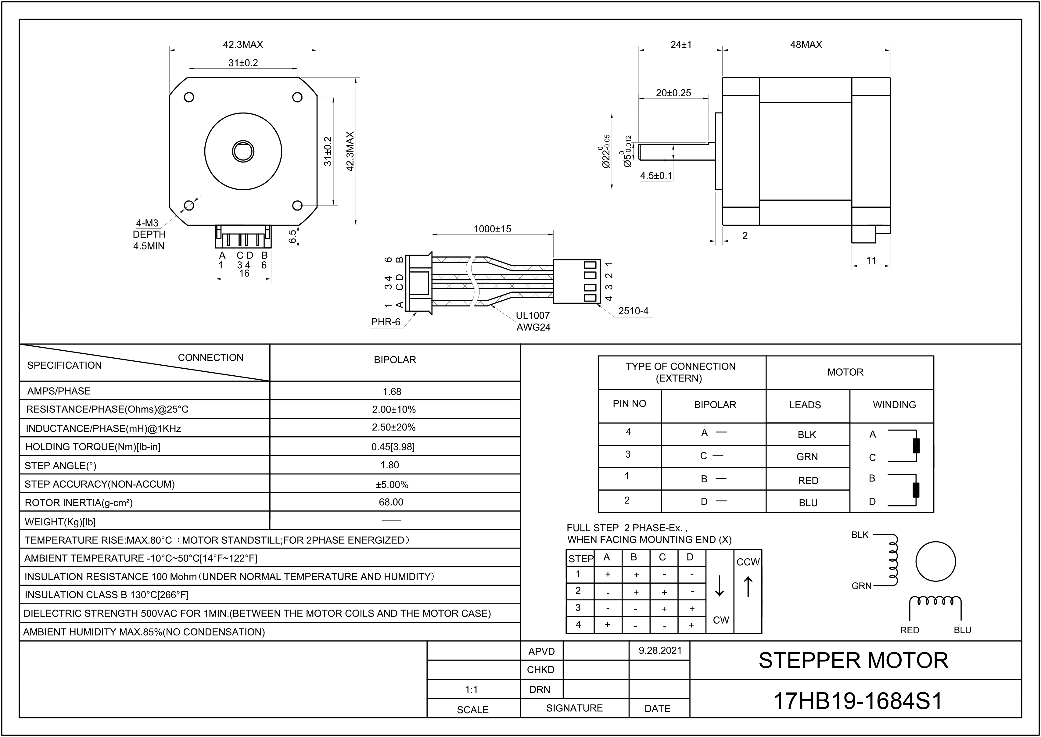 17 Single Shaft Bipolar Stepper Motor,1.8°Step,52N·cm Torque,1.68A Current,48mm Body,4_Wire
