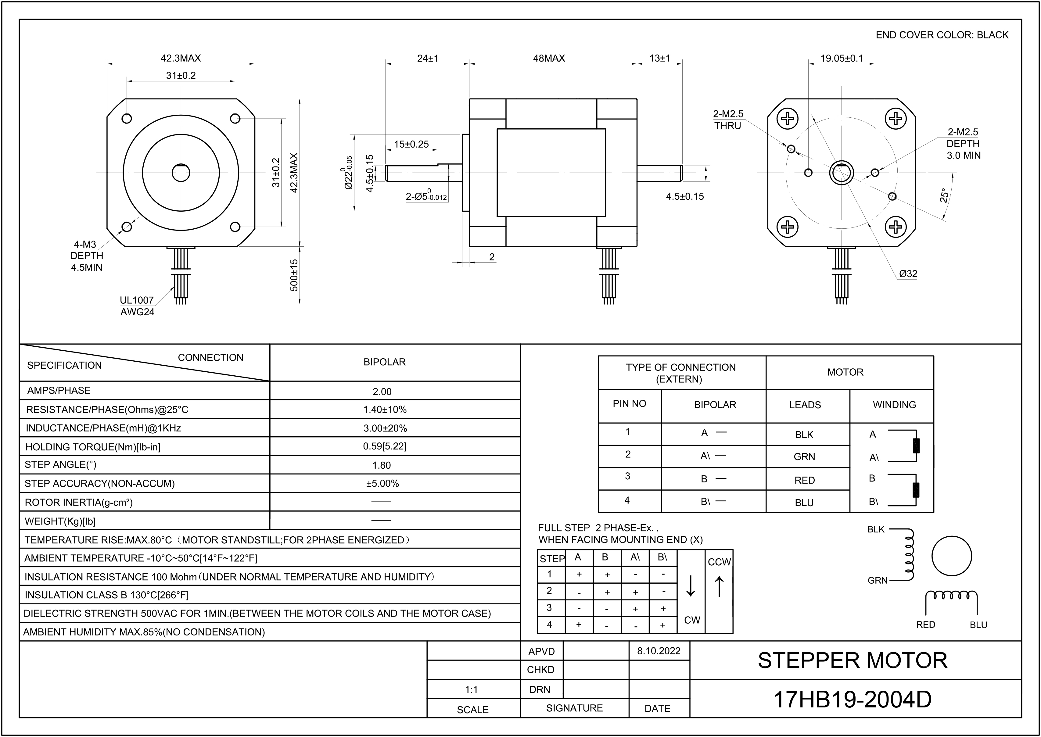 17 Dual Shaft Bipolar Stepper Motor,1.8°Step,41N·cm Torque,2A Current,48mm Body,4_Wire