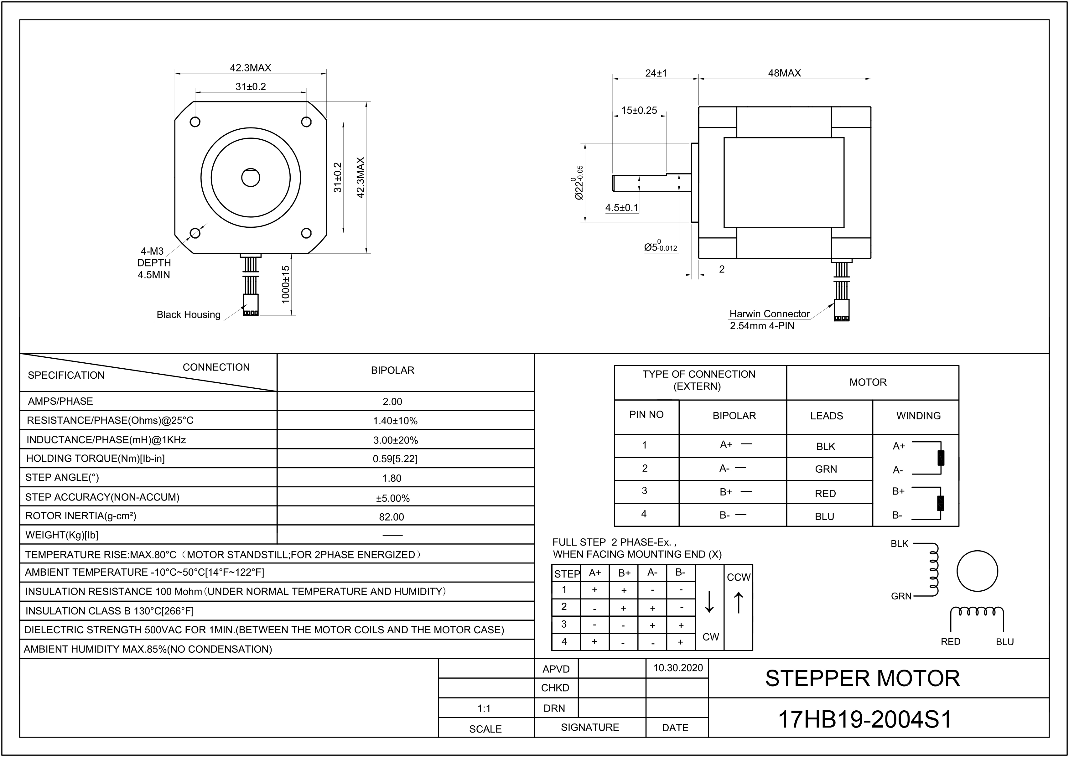 17 Single Shaft Bipolar Stepper Motor,1.8°Step,52N·cm Torque,2A Current,48mm Body,4_Wire