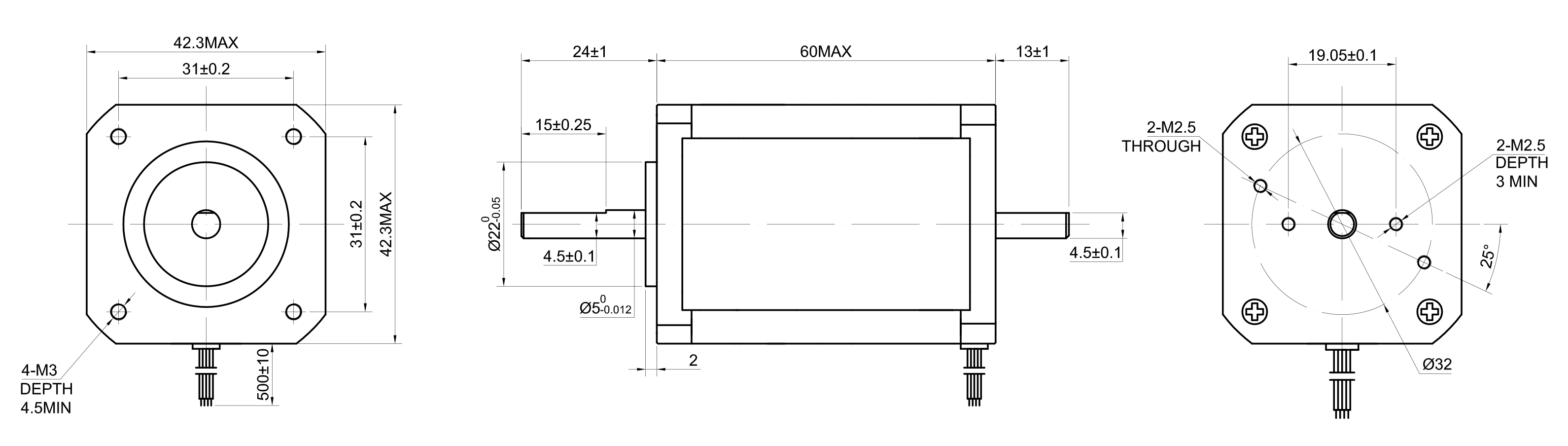 17 Dual Shaft Bipolar Stepper Motor,1.8°Step,65N·cm Torque,2.1A Current,60mm Body,4_Wire