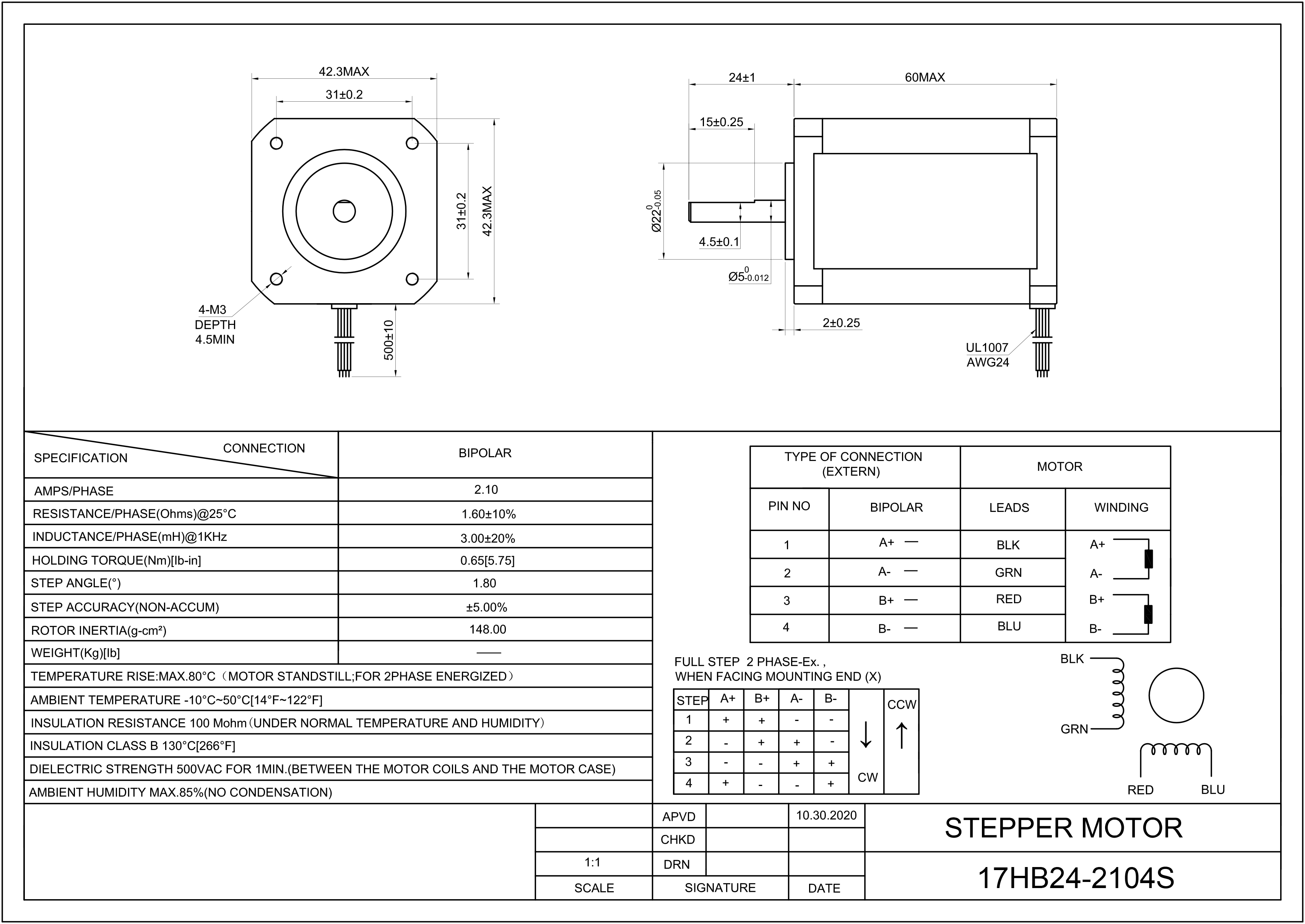 17 Single Shaft Bipolar Stepper Motor,1.8°Step,70N·cm Torque,2A Current,60mm Body,4_Wire
