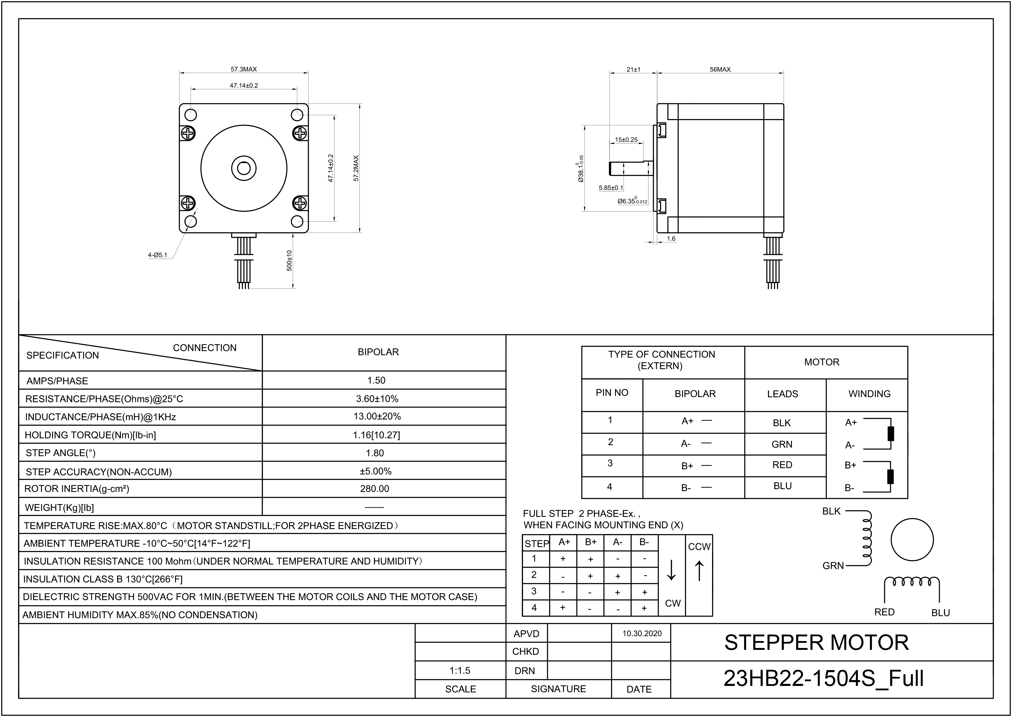 23 Single Shaft Bipolar Stepper Motor,1.8°Step,135N·cm Torque,1.5A Current,56mm Body,4_Wire