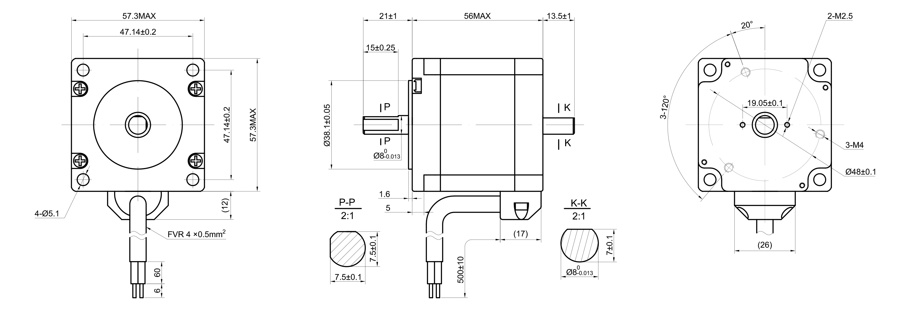 23 Dual Shaft Bipolar Stepper Motor,1.8°Step,126N·cm Torque,2.8A Current,56mm Body,4_Wire