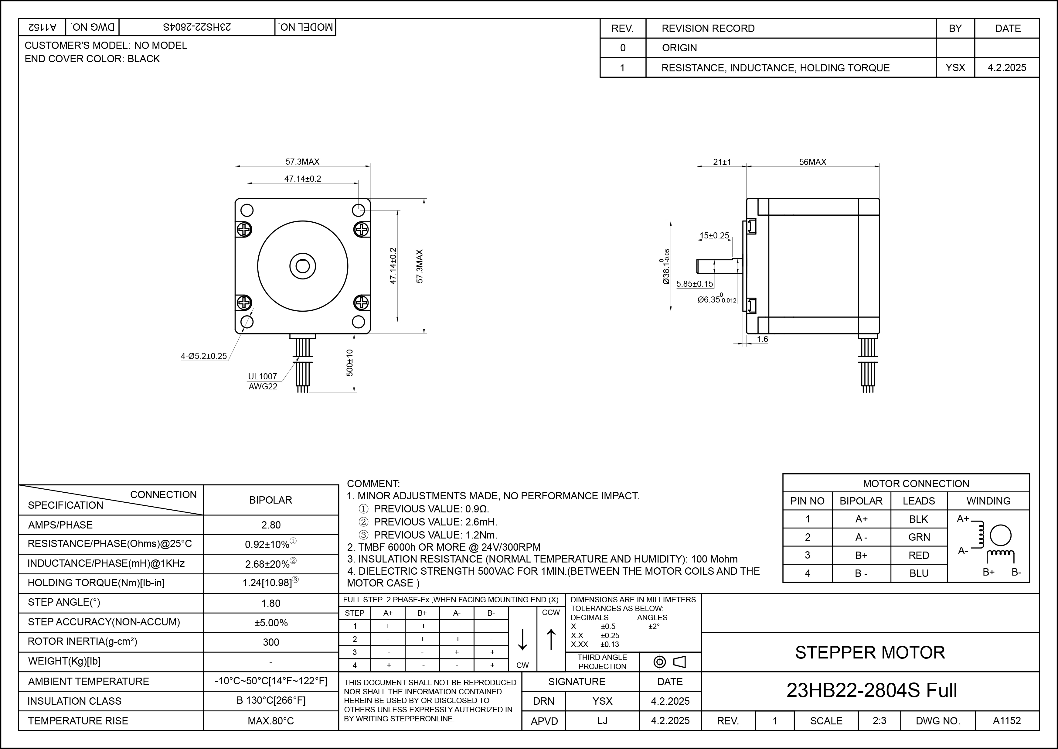 23 Single Shaft Bipolar Stepper Motor,1.8°Step,125N·cm Torque,2.8A Current,56mm Body,4_Wire