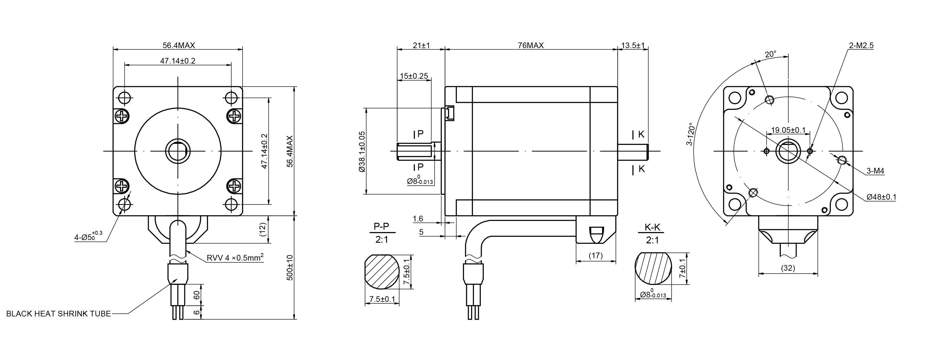 23 Dual Shaft Bipolar Stepper Motor,1.8°Step,189N·cm Torque,2.8A Current,76mm Body,4_Wire