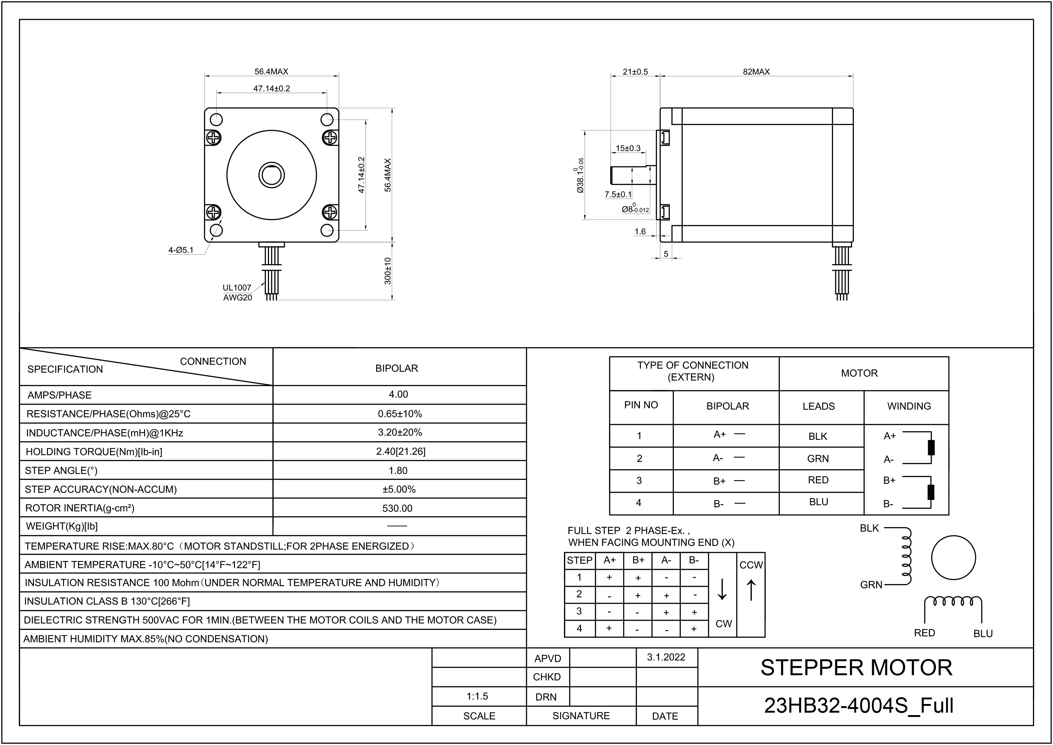 23 Single Shaft Bipolar Stepper Motor,1.8°Step,220N·cm Torque,4A Current,82mm Body,4_Wire