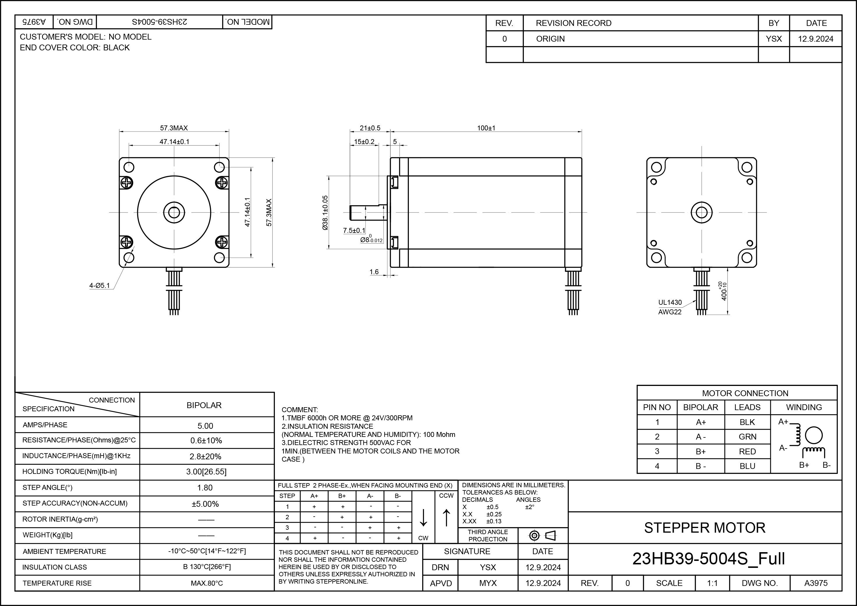 23 Single Shaft Bipolar Stepper Motor,1.8°Step,300N·cm Torque,5A Current,100mm Body,4_Wire