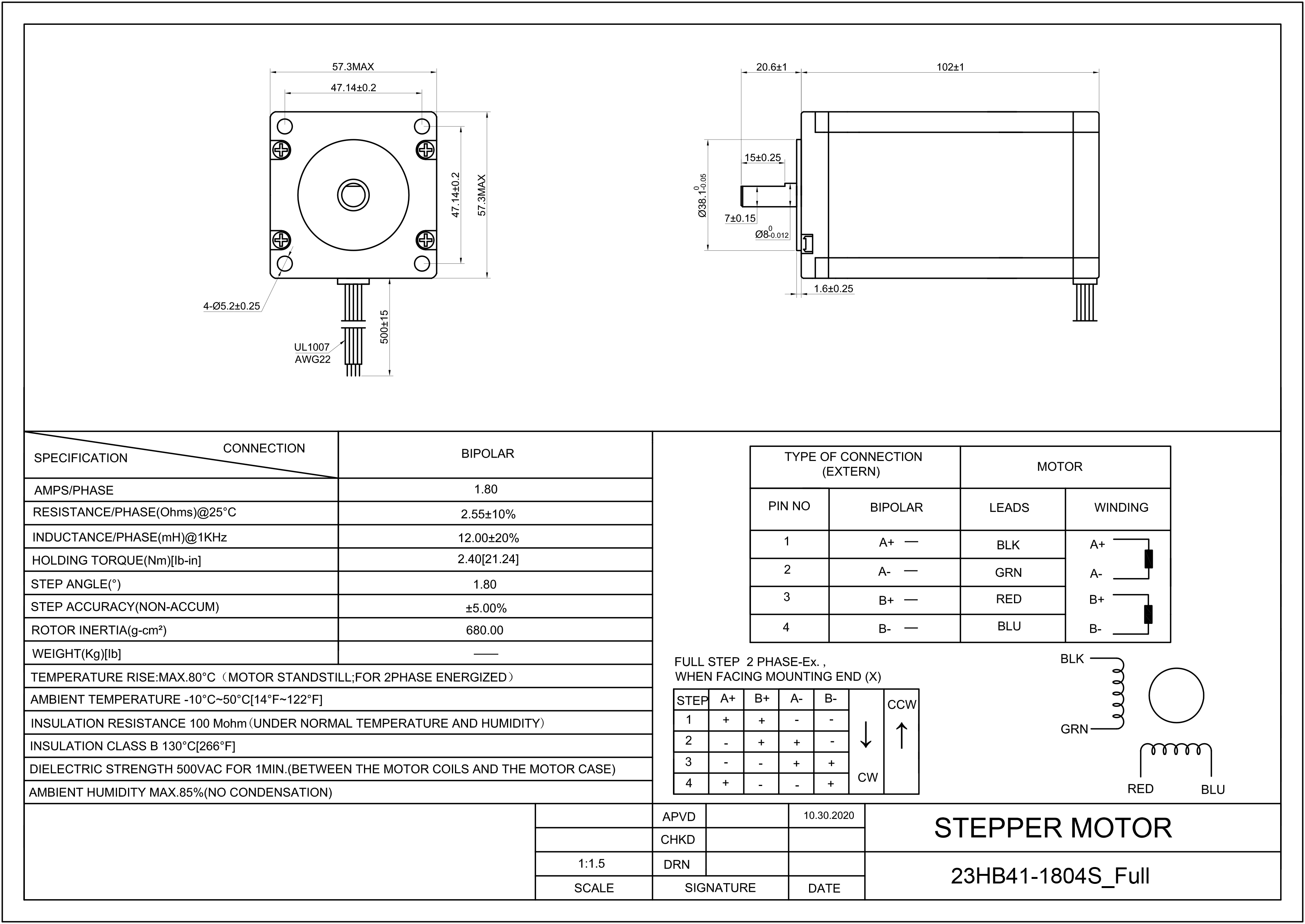 23 Single Shaft Bipolar Stepper Motor,1.8°Step,240N·cm Torque,1.8A Current,100mm Body,4_Wire