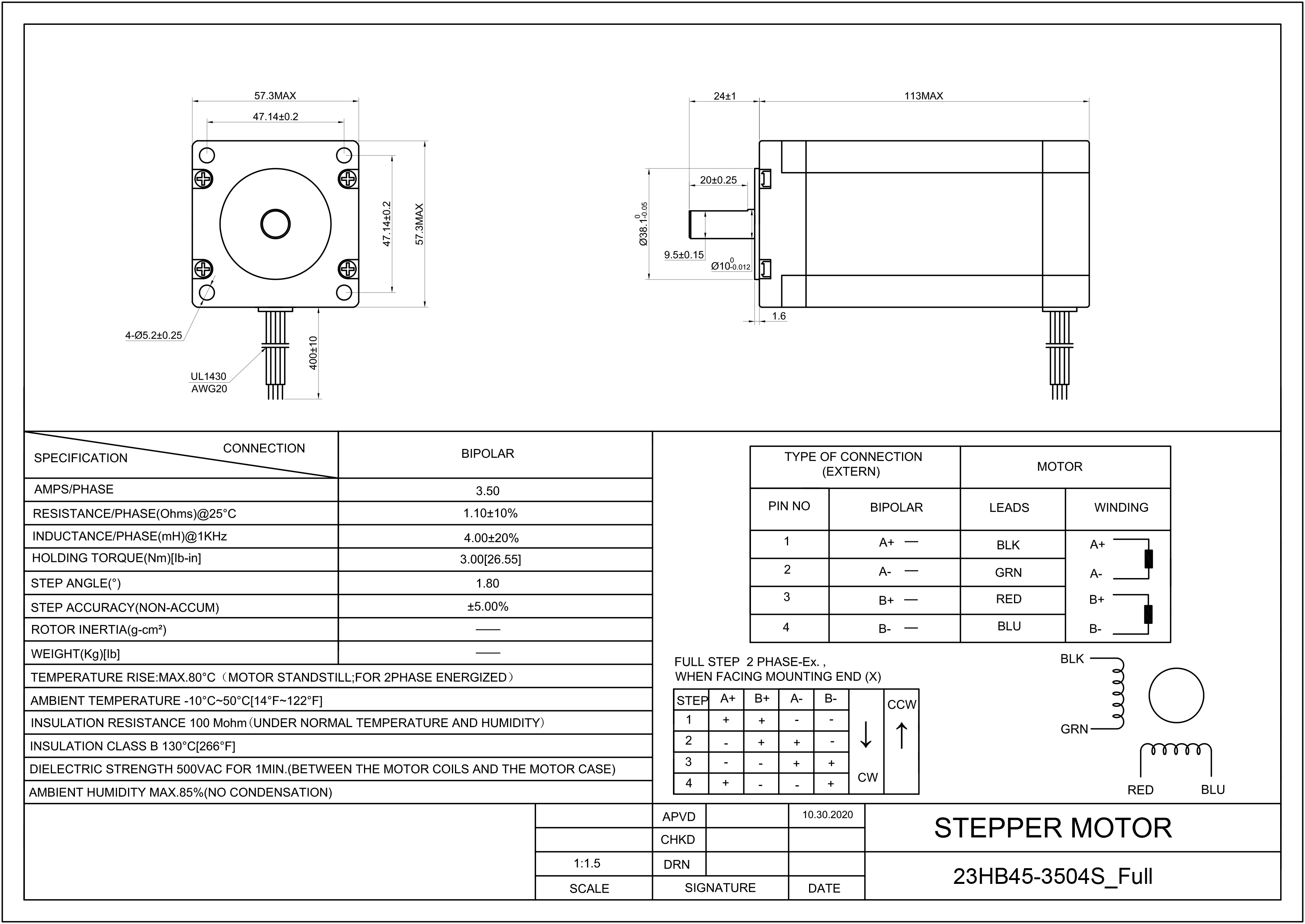 23 Single Shaft Bipolar Stepper Motor,1.8°Step,280N·cm Torque,3.5A Current,112mm Body,4_Wire