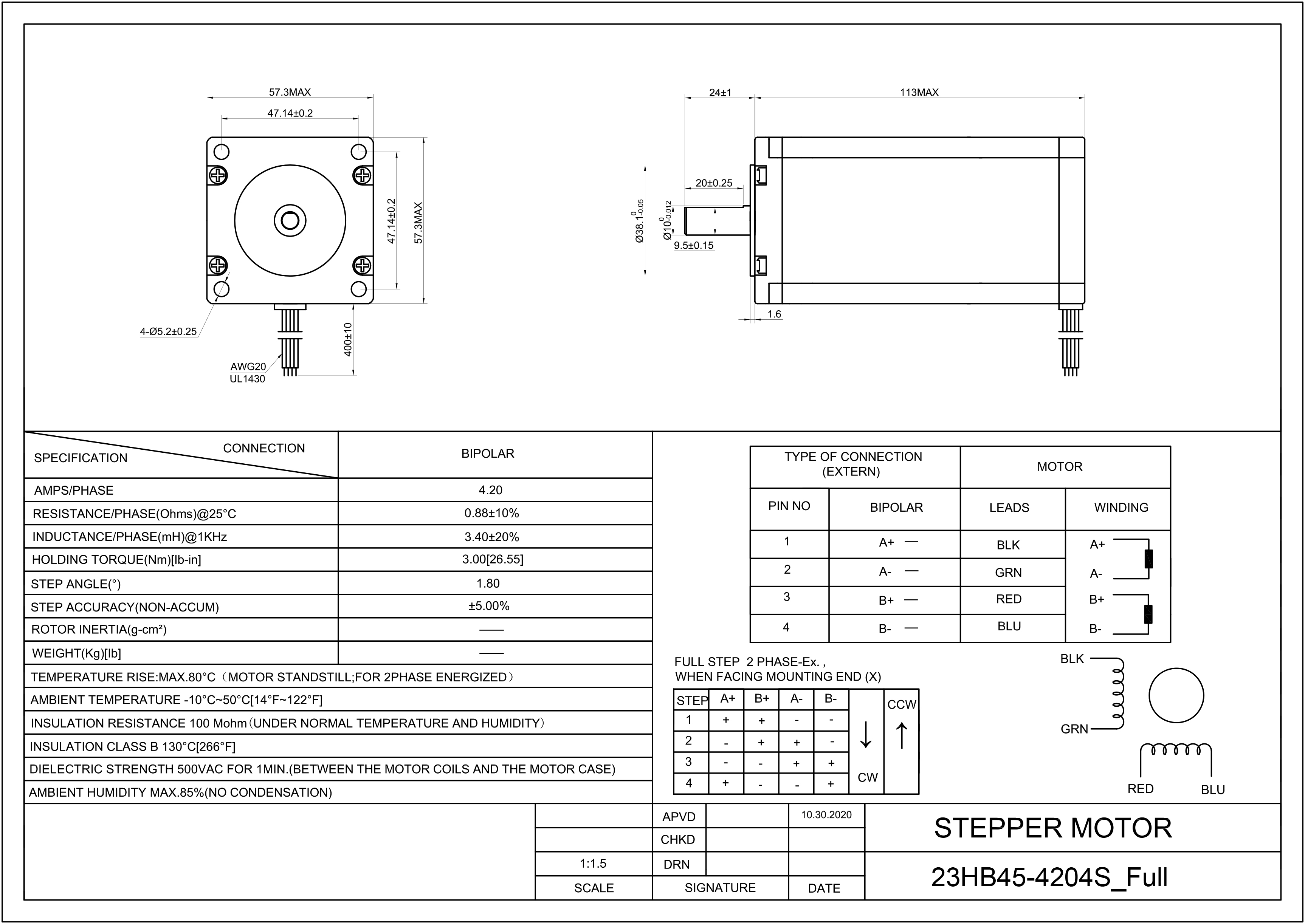 23 Single Shaft Bipolar Stepper Motor,1.8°Step,300N·cm Torque,4A Current,112mm Body,4_Wire