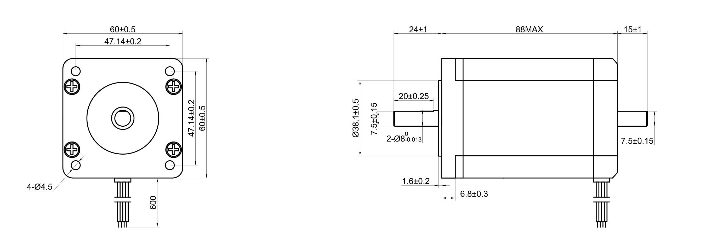24 Dual Shaft Bipolar/Unipolar Stepper Motor,1.8°Step,290N·cm Torque,4.2A Current,88mm Body,8_Wire