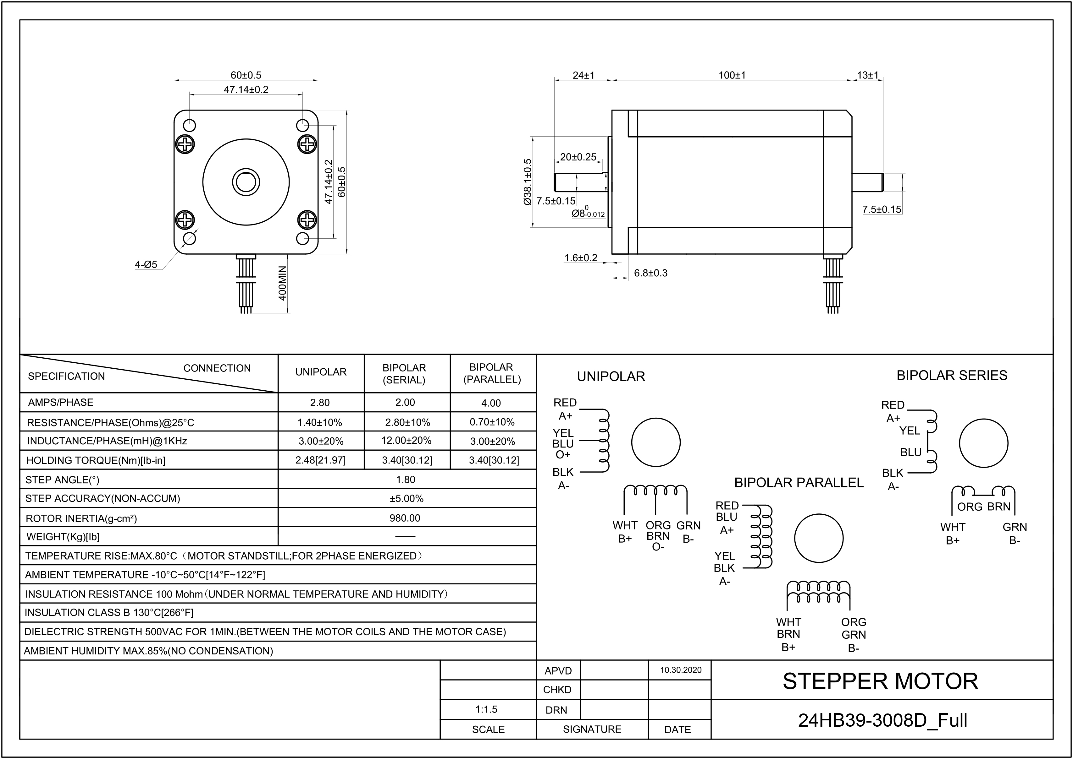 24 Dual Shaft Bipolar/Unipolar Stepper Motor,1.8°Step,400N·cm Torque,4.24A Current,100mm Body,8_Wire