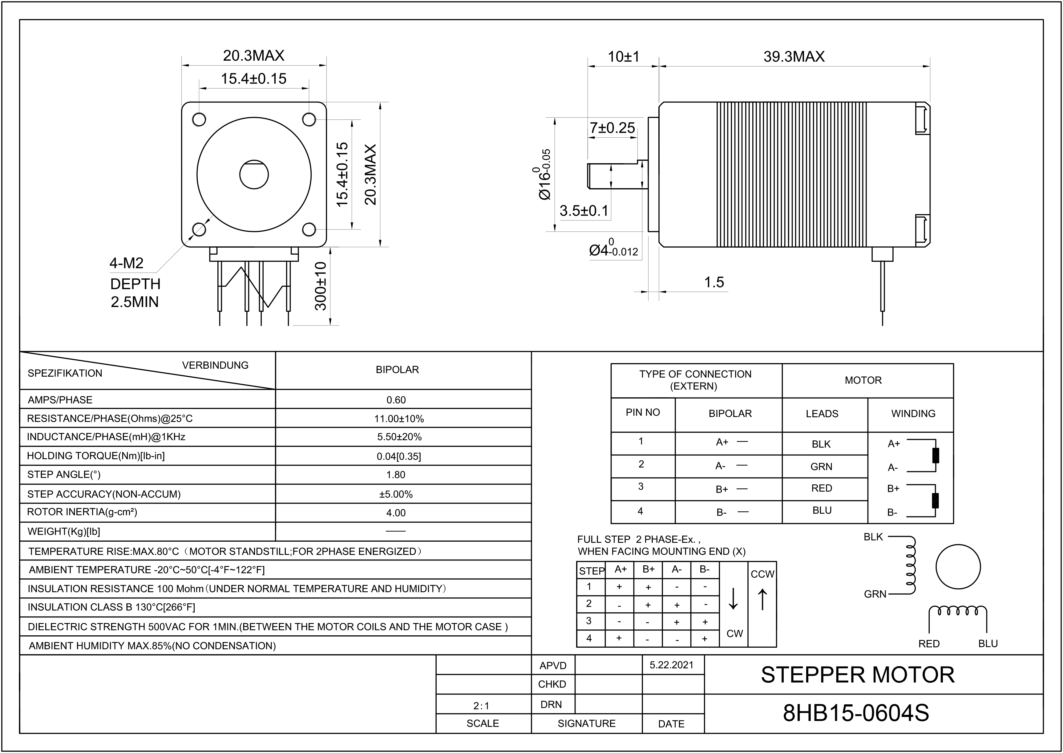 StepMotech 8 Single Shaft Bipolar Stepper Motor,1.8°Step,4N·cm Torque,0.6A Current,38mm Body,4_Wire
